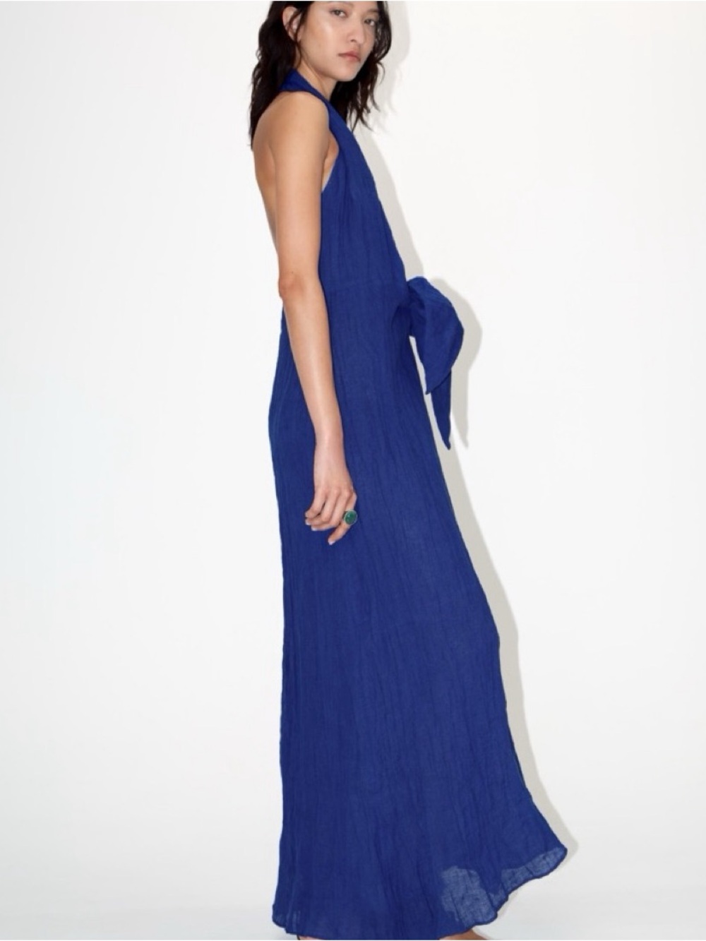 Zara Women's Royal Blue Halter Tie-Front Linen Maxi Dress - Picture 3 of 10